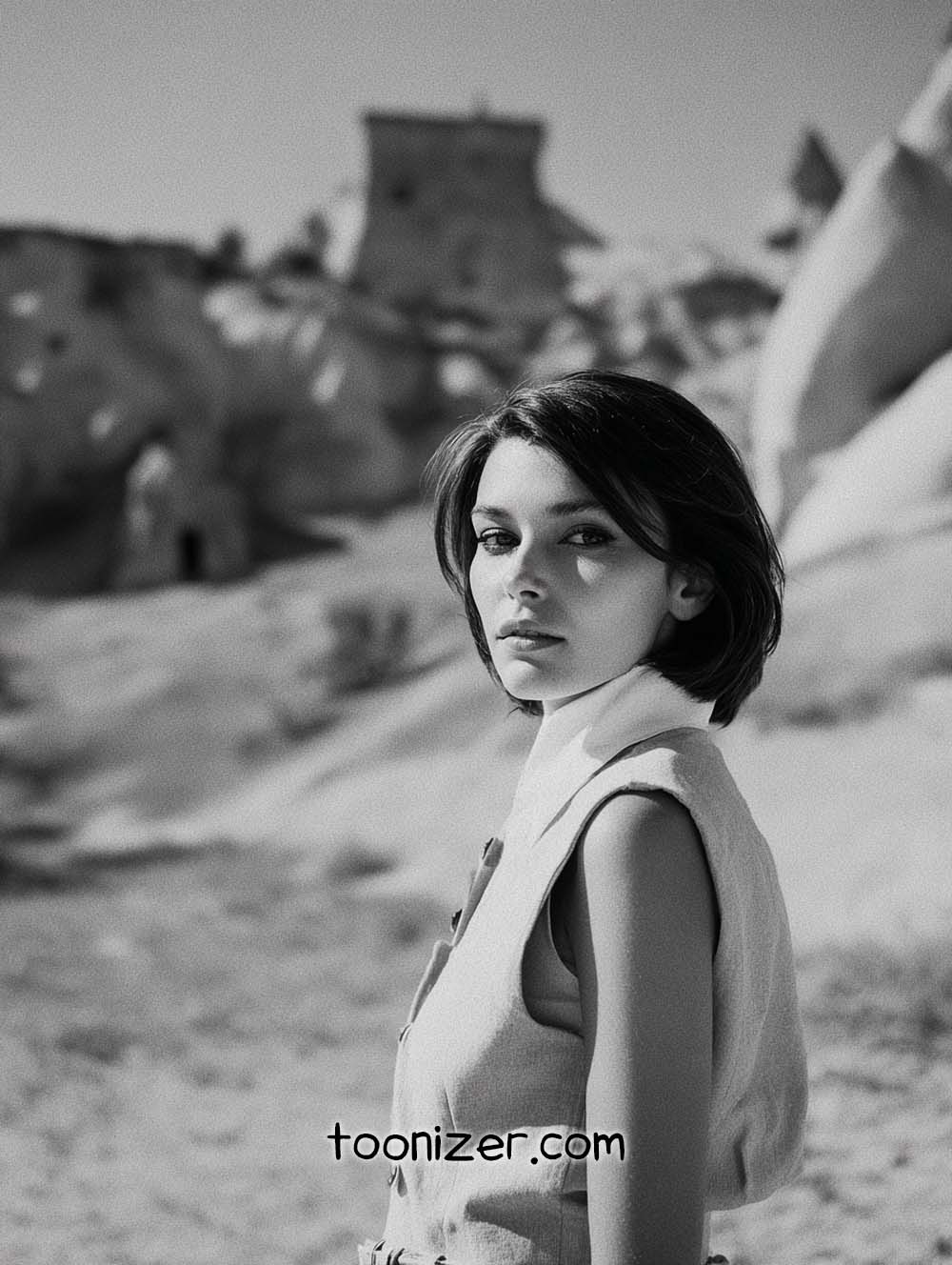 Monochrome portrait of a woman in scenic landscape.