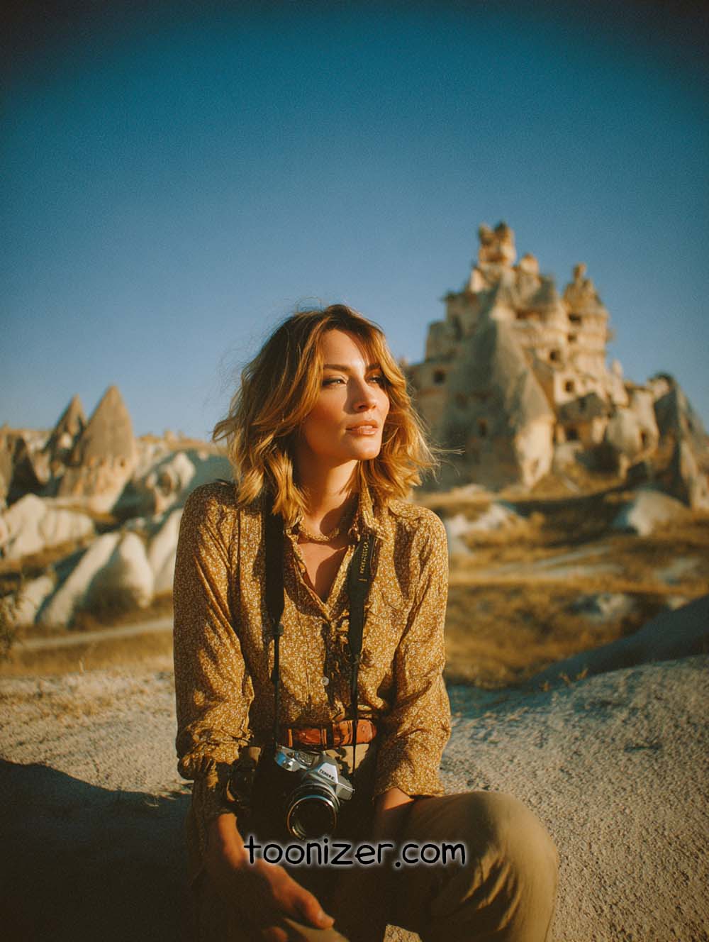Woman with camera in rocky landscape