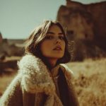 Woman in coat outdoors with rocky background.