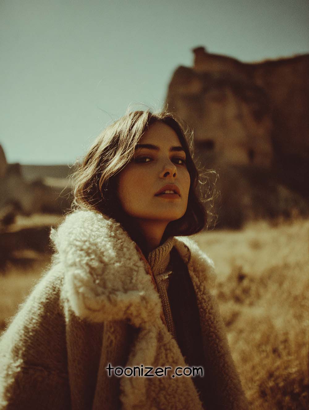 Woman in coat outdoors with rocky background.