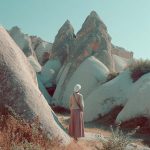 Woman exploring rocky landscape in long skirt.