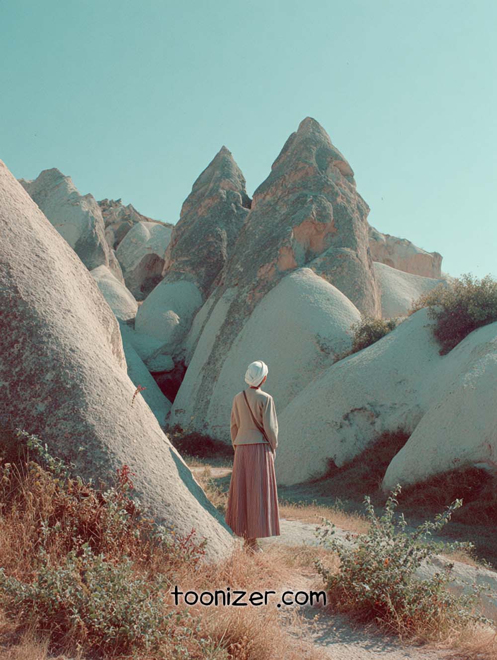 Woman exploring rocky landscape in long skirt.
