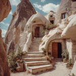 Stone steps leading to ancient cave dwellings.