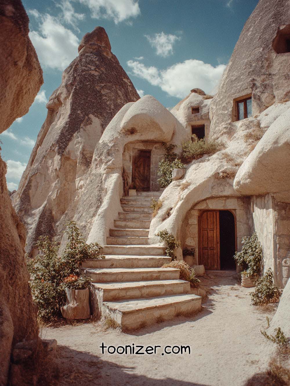 Stone steps leading to ancient cave dwellings.