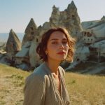 Woman in front of rocky landscape, sunny day.