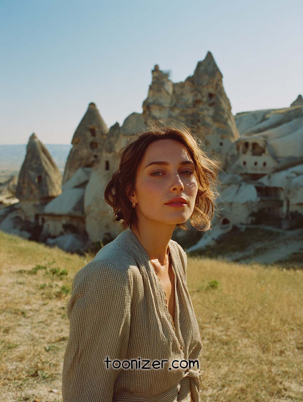 Woman in front of rocky landscape, sunny day.