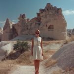 Woman standing in rocky landscape under blue sky.