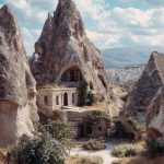 Rocky landscape with stone house in mountains.