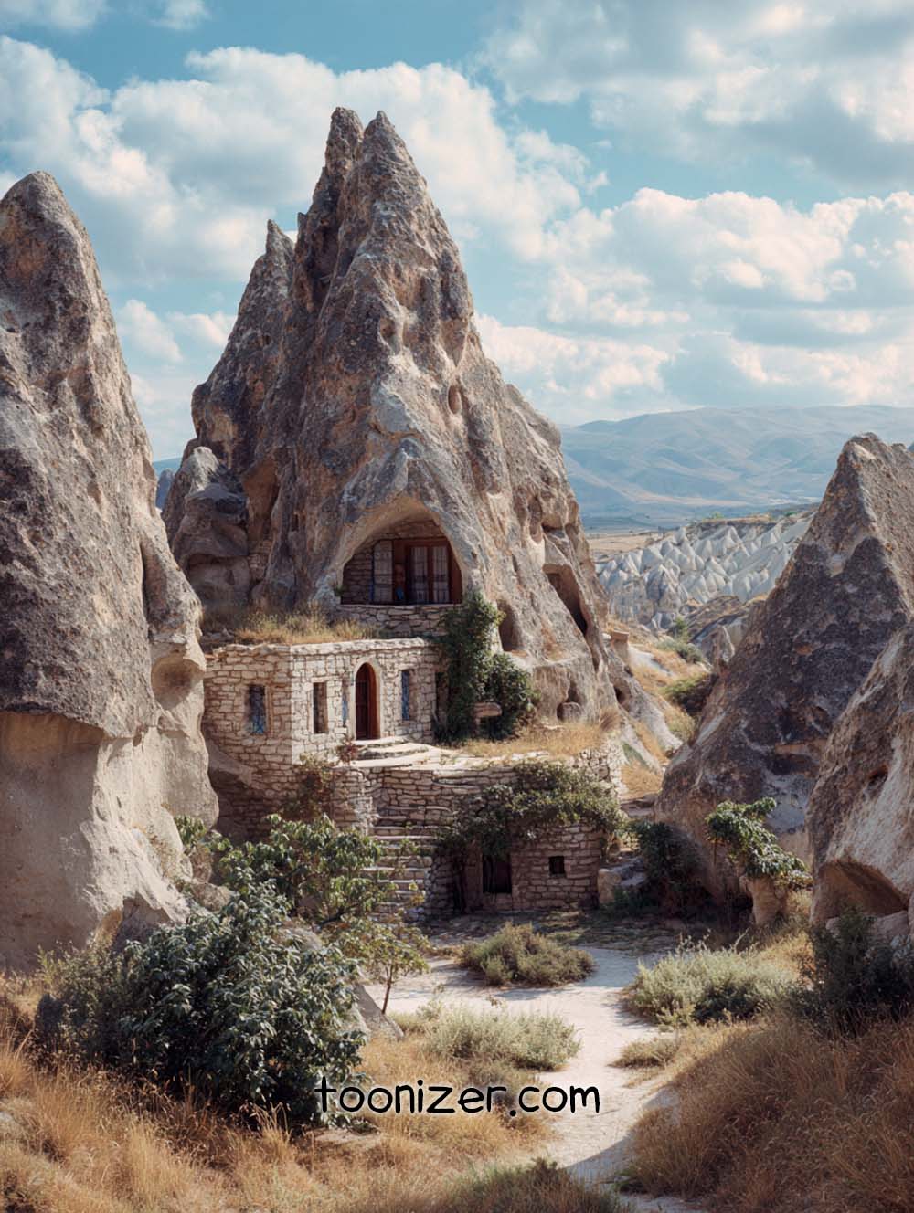 Rocky landscape with stone house in mountains.