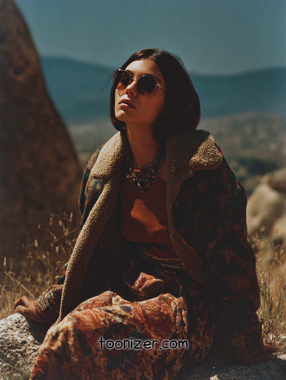 Woman outdoors in bohemian outfit and sunglasses.
