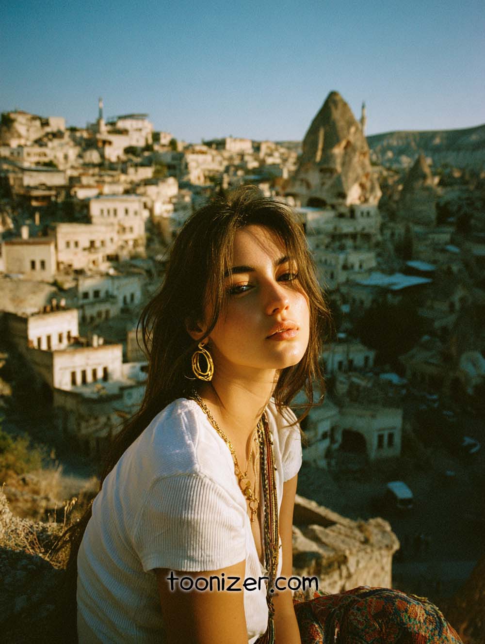 Woman posing in Cappadocia landscape setting.