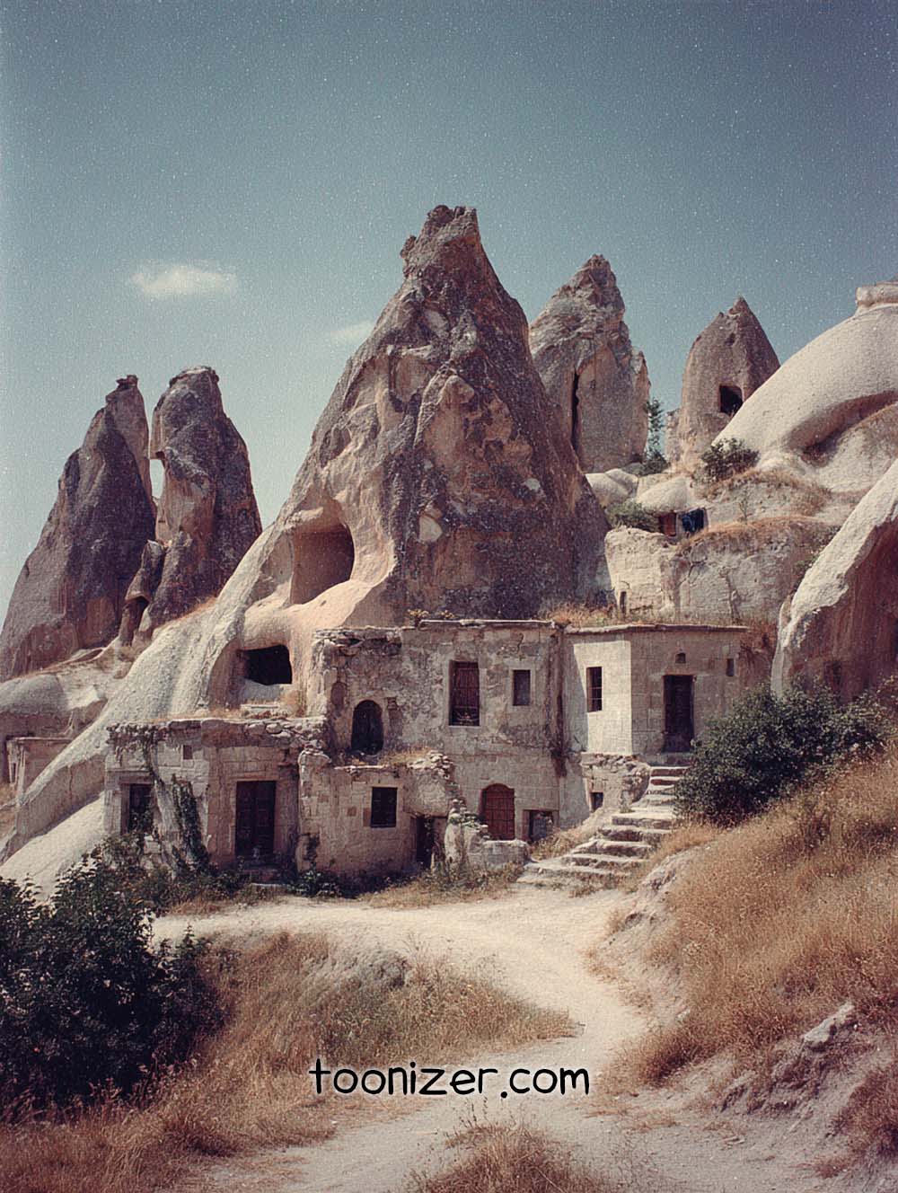 Ancient rock formations and dwellings in Cappadocia, Turkey.