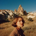 Person standing in front of rocky landscape, clear sky.