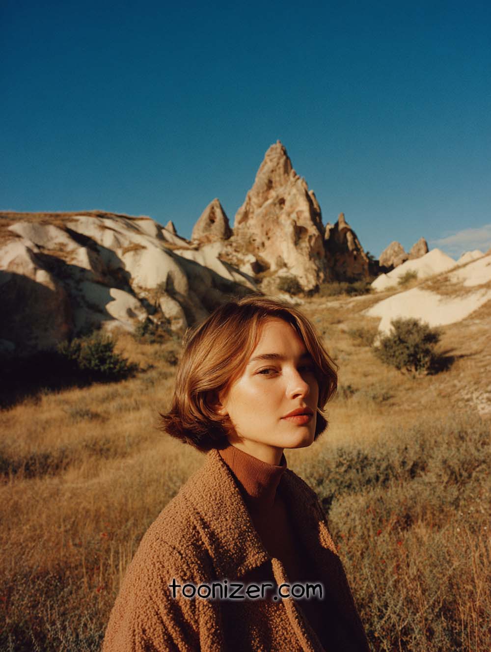 Person standing in front of rocky landscape, clear sky.