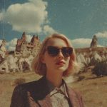 Person in sunglasses, rocky landscape background