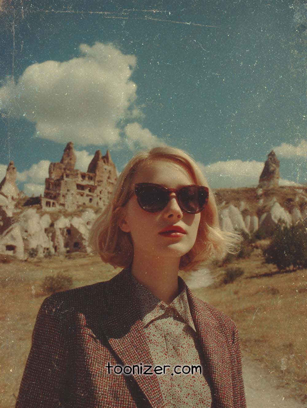 Person in sunglasses, rocky landscape background