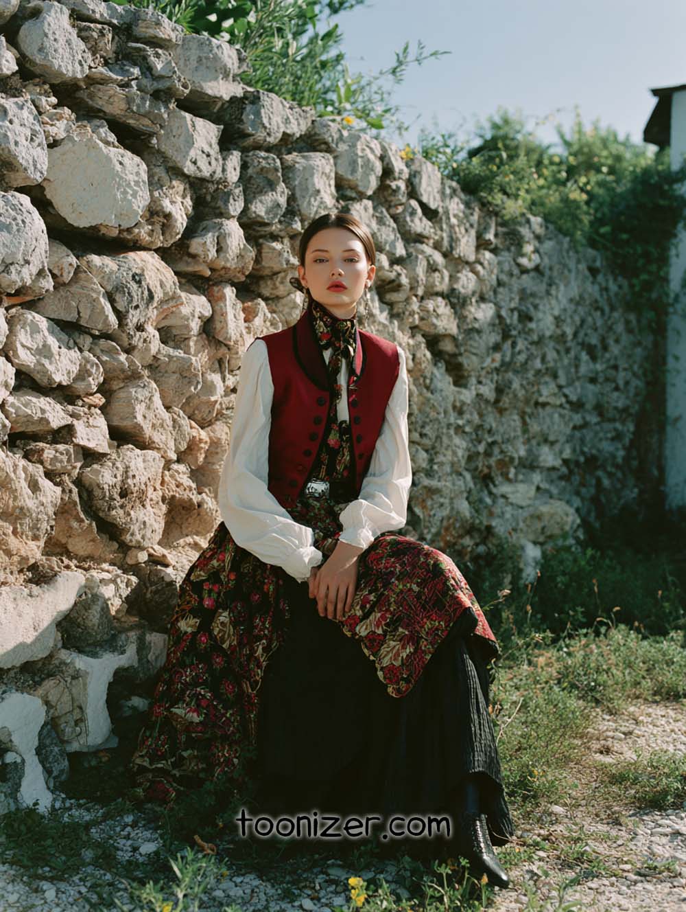 Woman in traditional dress by stone wall