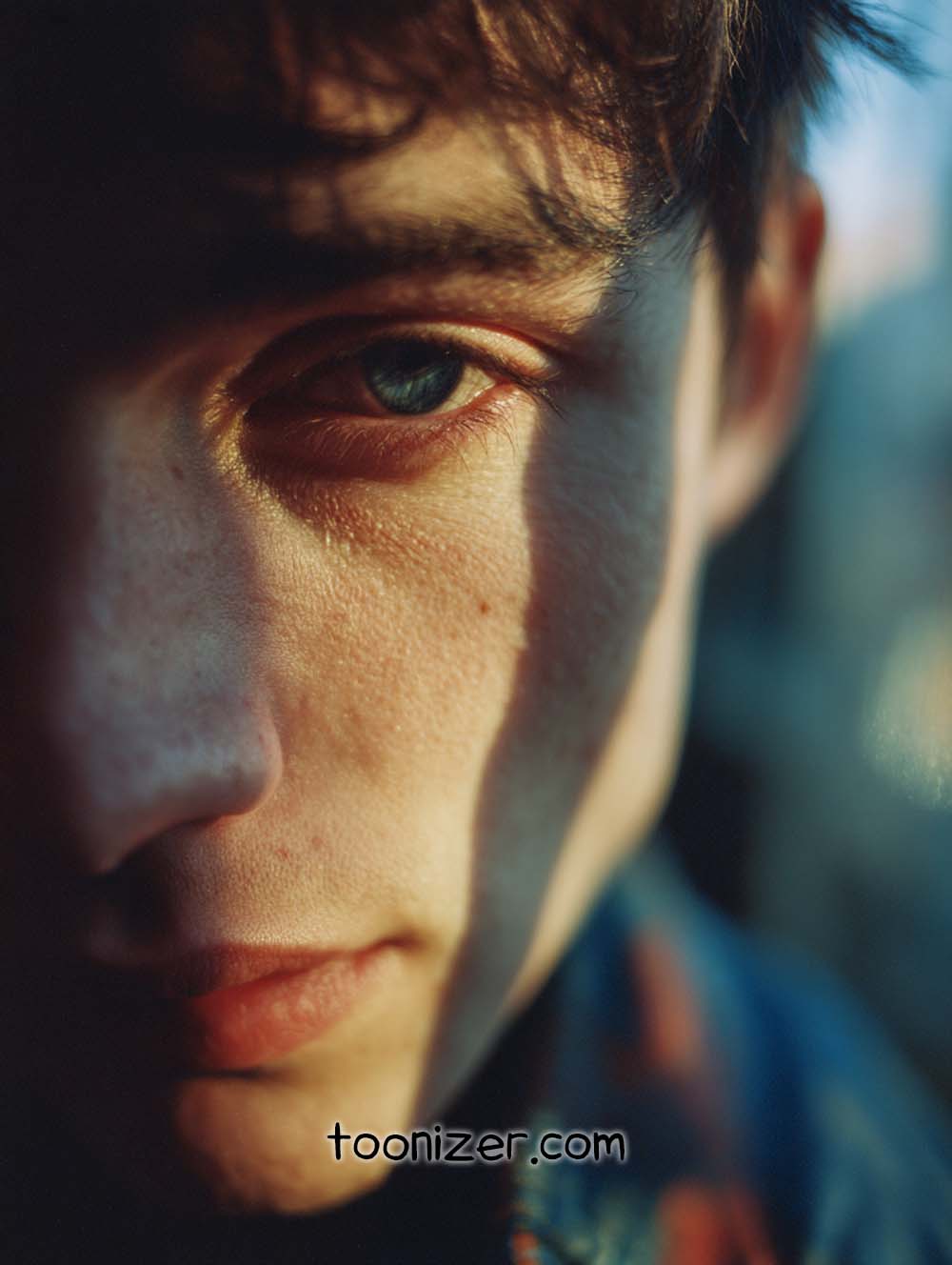 Close-up of a person's face in shadow.