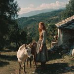 Girl with donkeys in mountainous landscape.