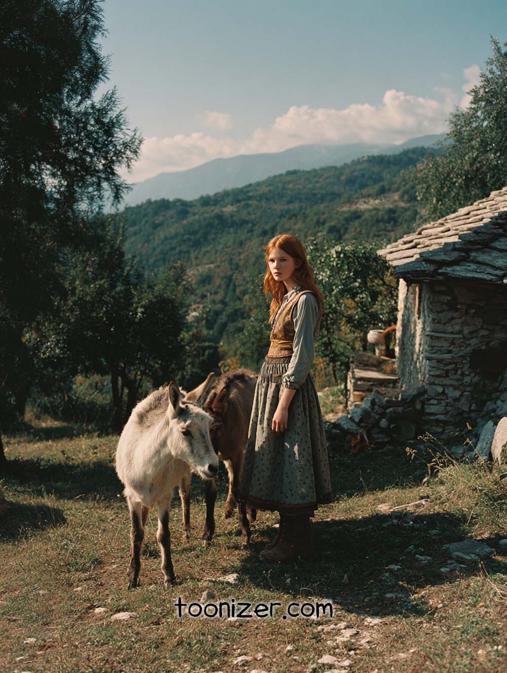 Girl with donkeys in mountainous landscape.