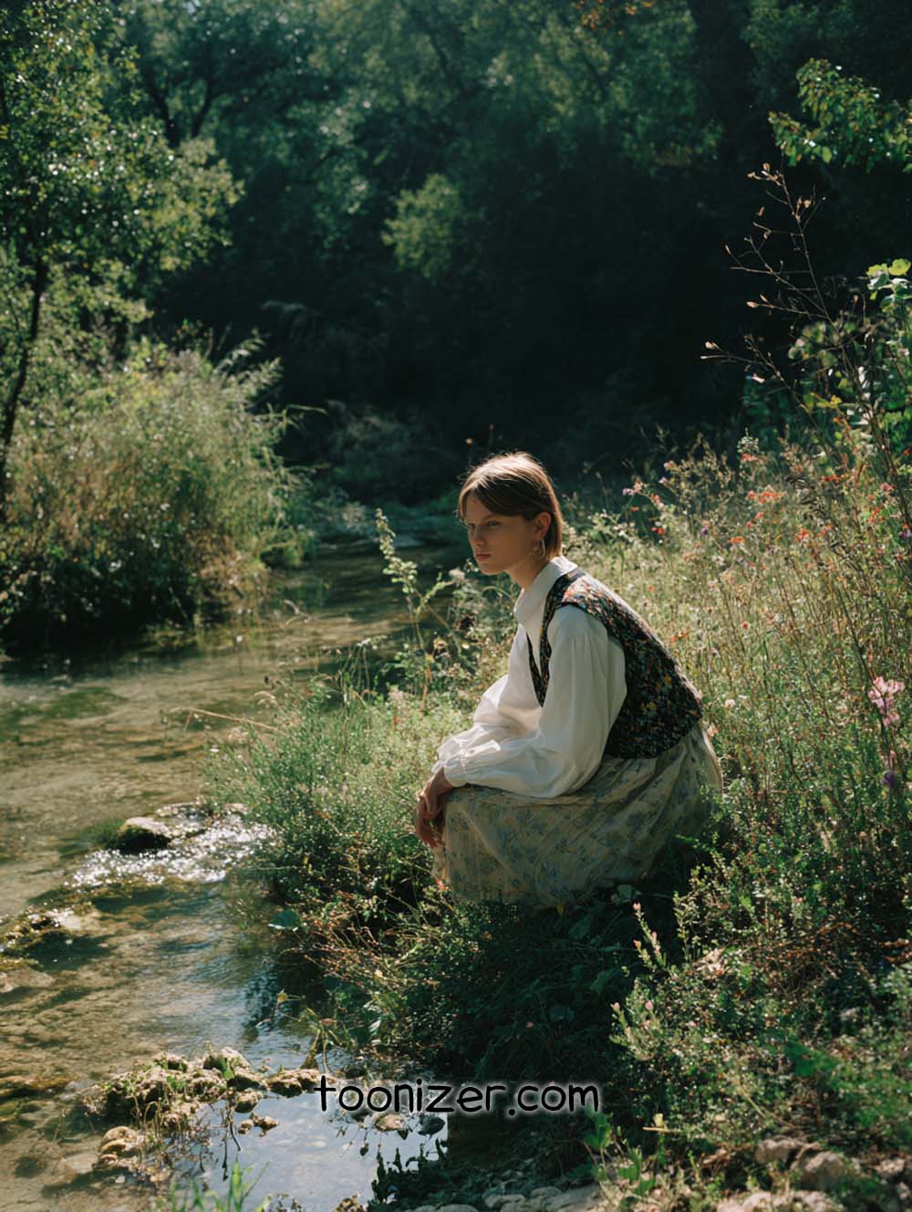 Person sitting by a serene forest stream.