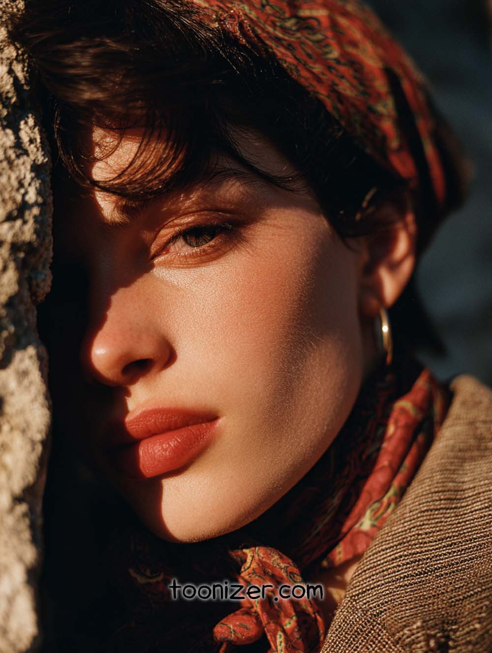 Woman with red scarf in sunlight