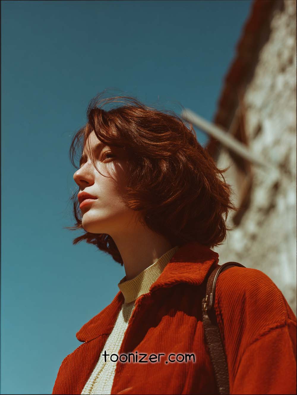 Woman in orange jacket against blue sky