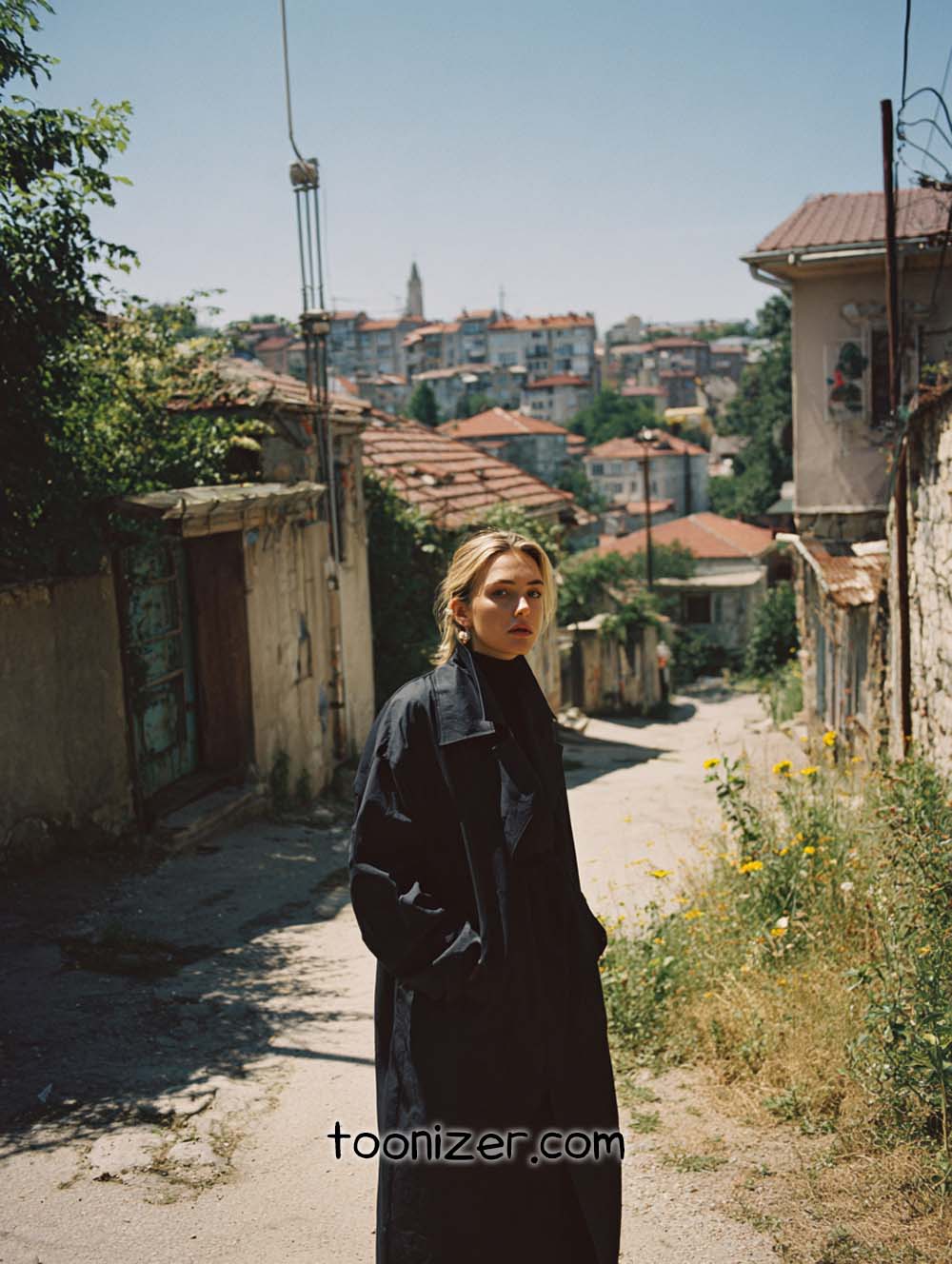 Person in long coat on sunny alley.