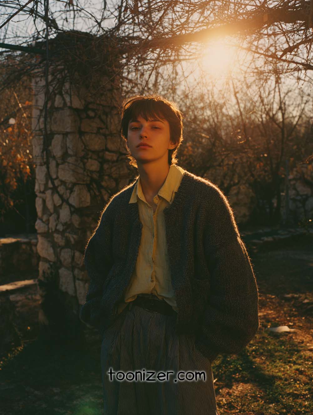 Young person in rustic setting during sunset.
