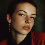 Person in red jacket with earrings