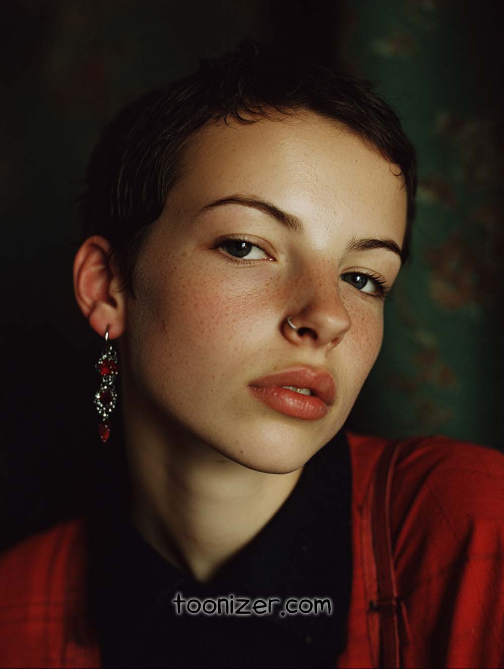 Person in red jacket with earrings