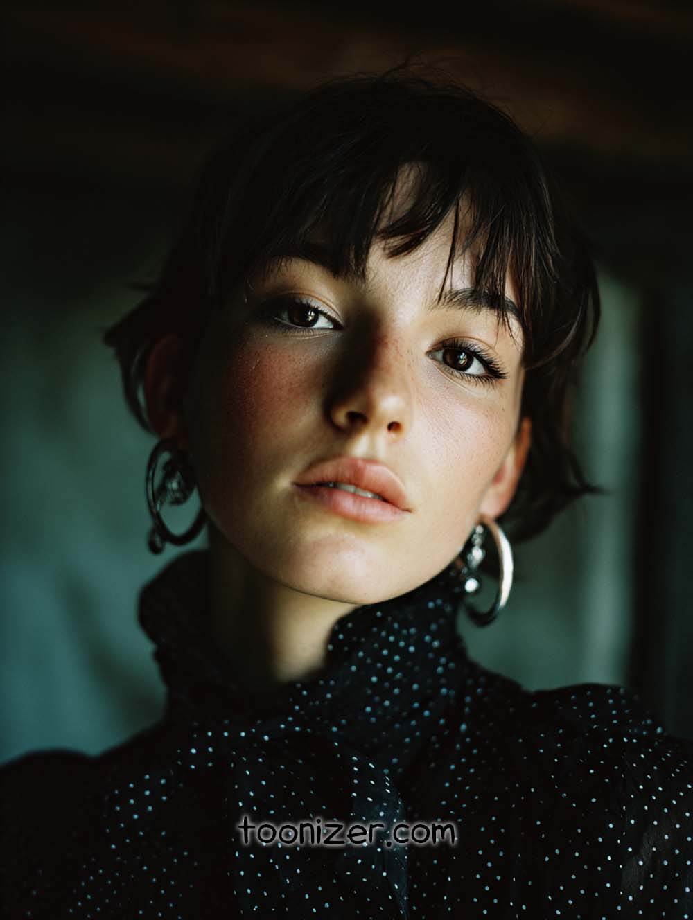 Person with earrings and polka dot shirt.