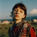 Person wearing floral clothing outdoors, looking thoughtful.