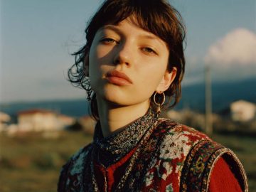 Person wearing floral clothing outdoors, looking thoughtful.