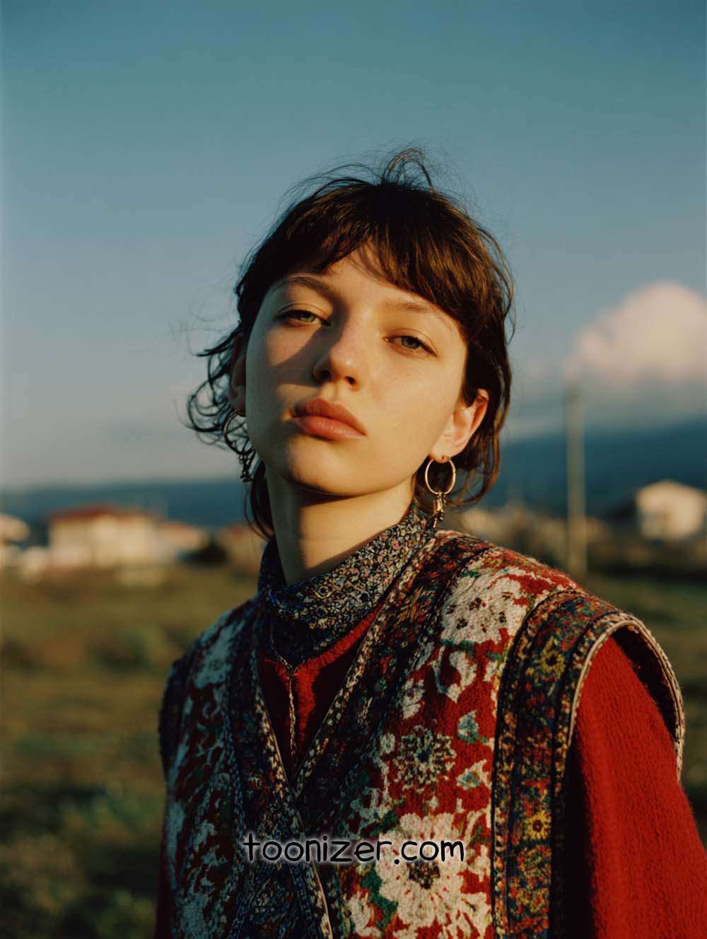 Person outdoors wearing patterned vest, serene expression.