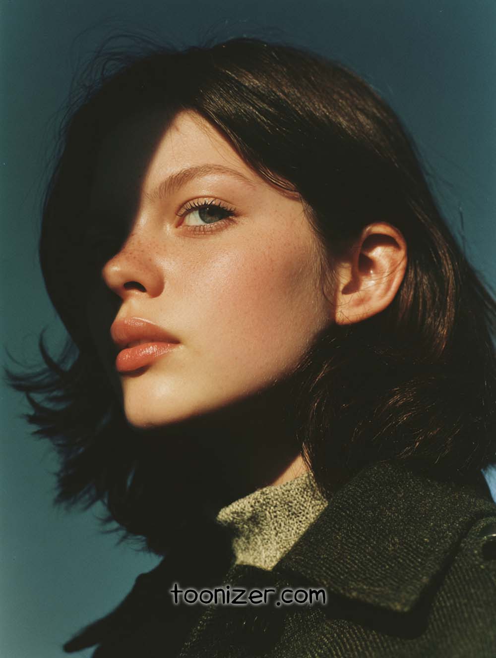 Woman with shadowed face under blue sky.