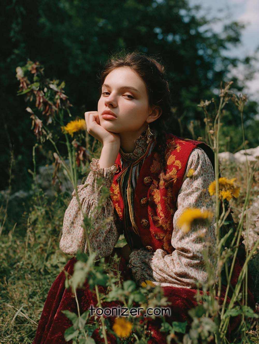 Woman in vintage dress sitting in wildflowers