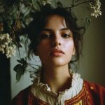 Woman with floral background in vintage clothing.