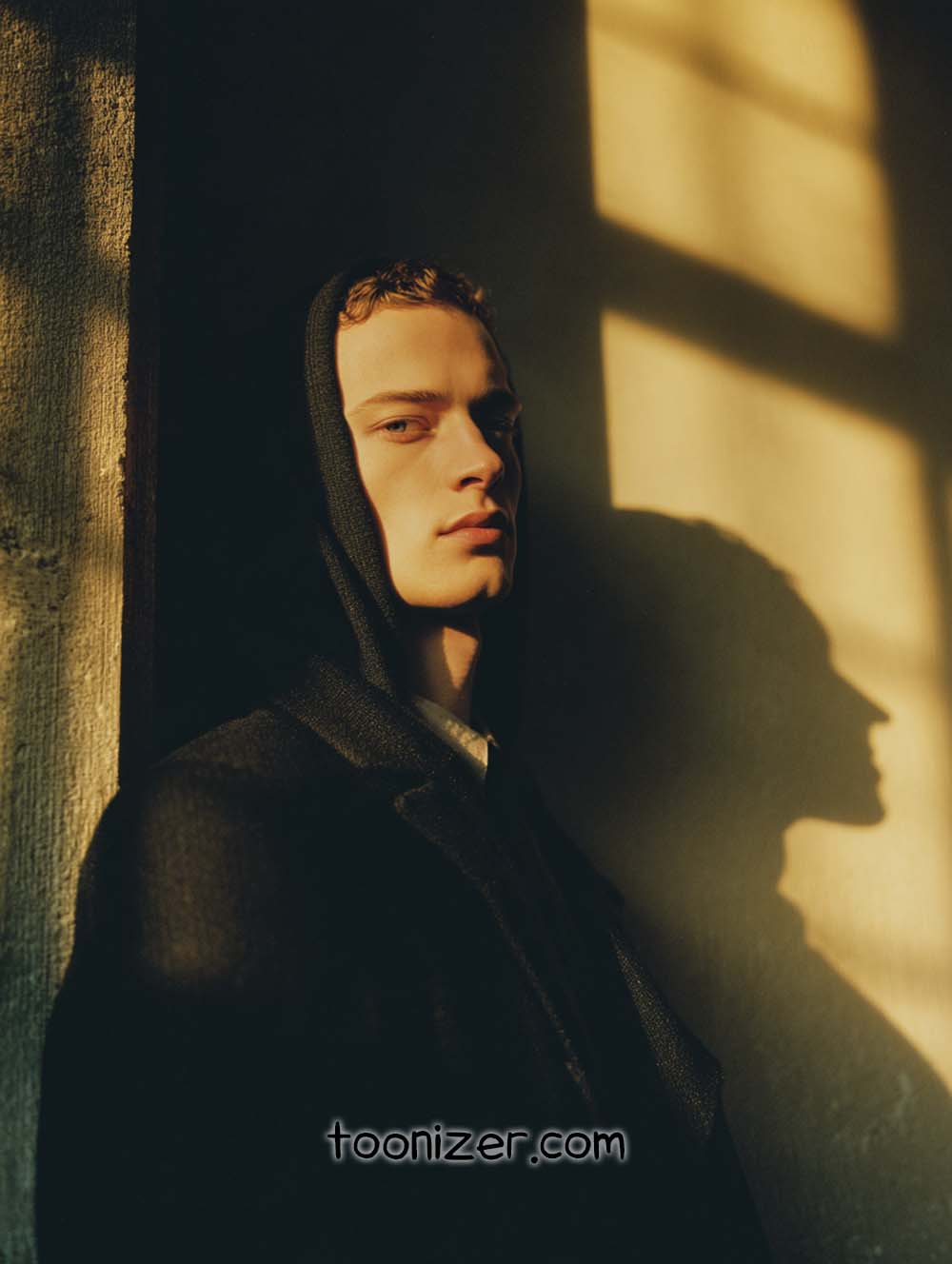 Person in shadows wearing dark hoodie, warm lighting.