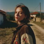 Person in embroidered jacket on rural path.