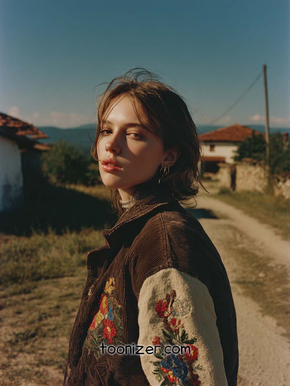 Person in embroidered jacket on rural path.