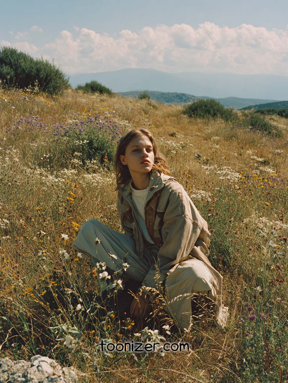 Person sits in wildflower field under blue sky.