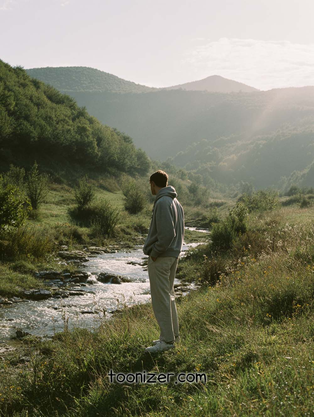Person standing by scenic mountain stream at sunrise.