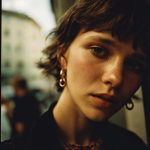 Close-up portrait of person with earrings.