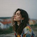 Woman in colorful coat outdoors, thoughtful pose