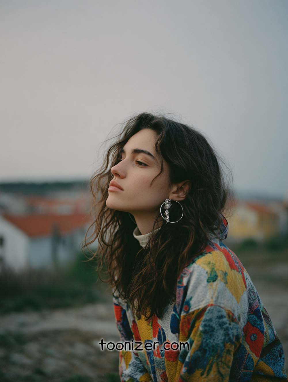 Woman in colorful coat outdoors, thoughtful pose
