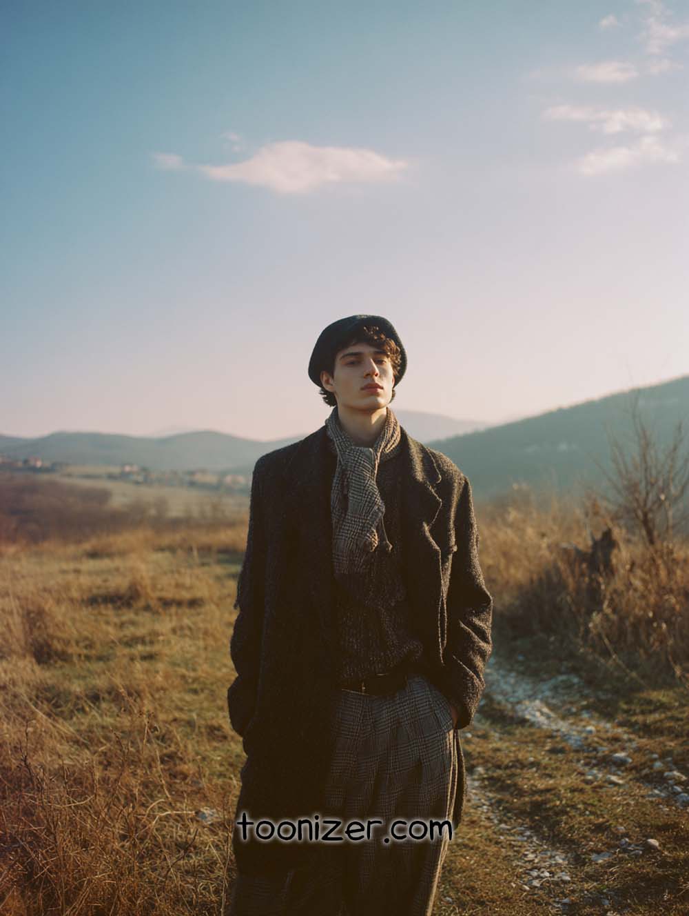 Person standing in field with mountains background.