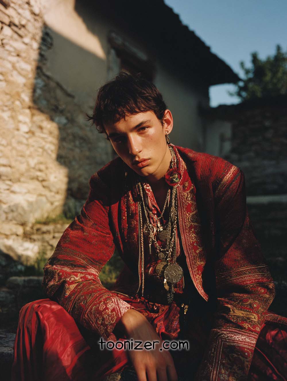 Person in traditional ornate red attire outdoors