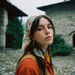 Woman in headscarf, rustic background
