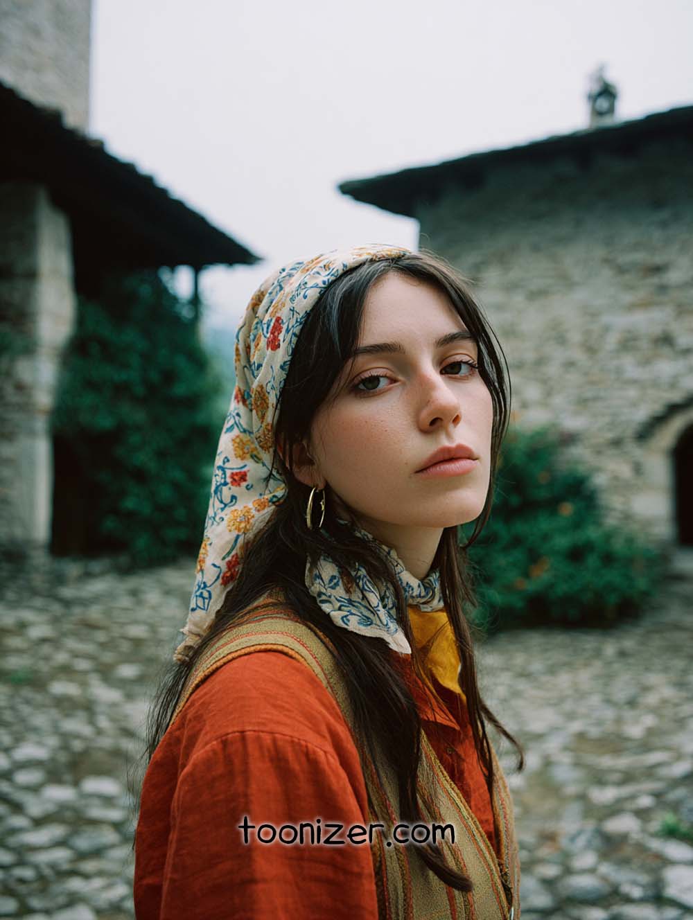 Woman in headscarf, rustic background